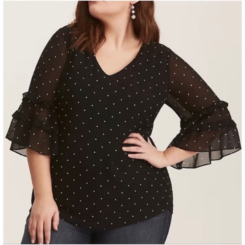 Torrid Polka Dot Chiffon Top Womens Size 1X Black White Bell Sleeves Blouse
